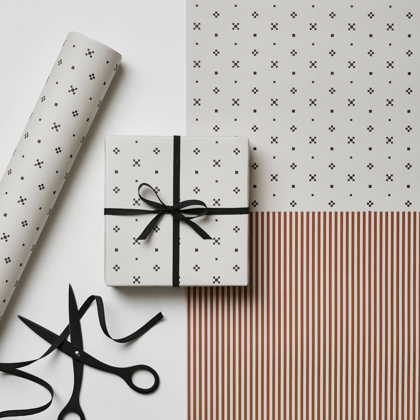 Kinshipped - Monochrome Tile & Cinnamon Stripe gift wrapping paper
