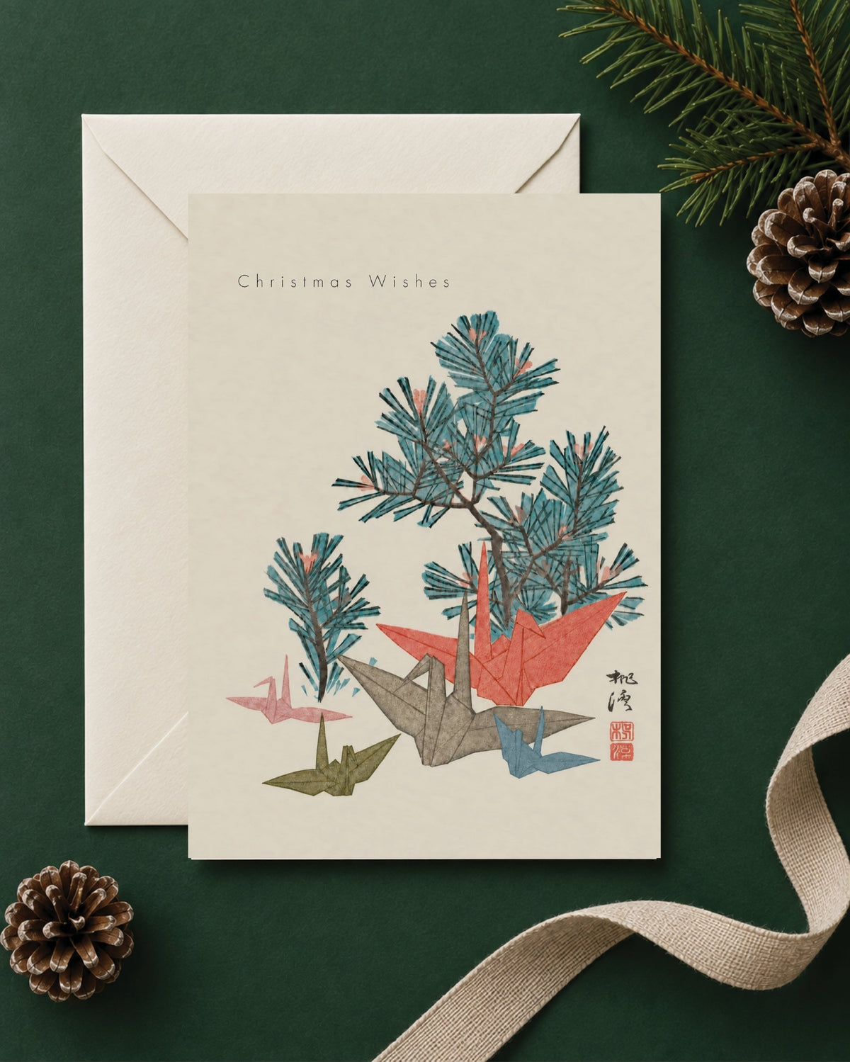 Kiku Print Christmas Card, Festive Origami