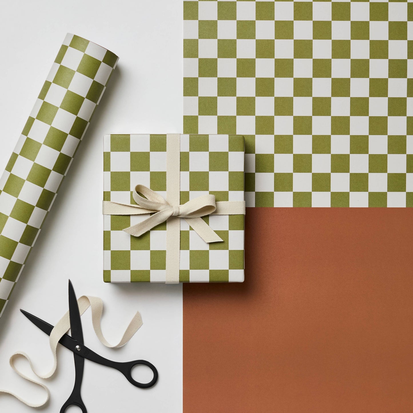 Kinshipped - Green Checkerboard & Cinnamon Plain gift wrapping paper
