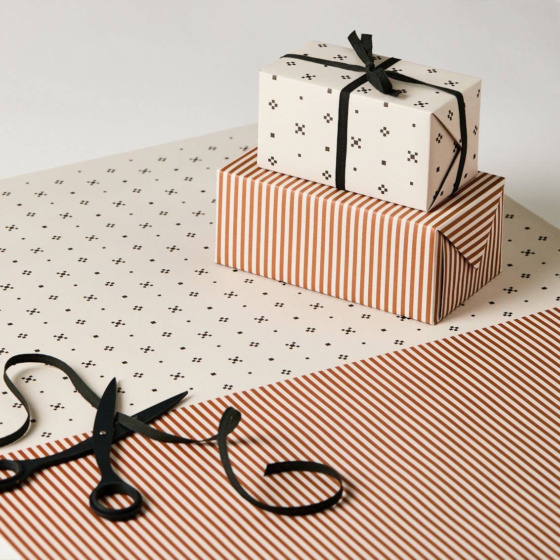Kinshipped - Monochrome Tile & Cinnamon Stripe gift wrapping paper