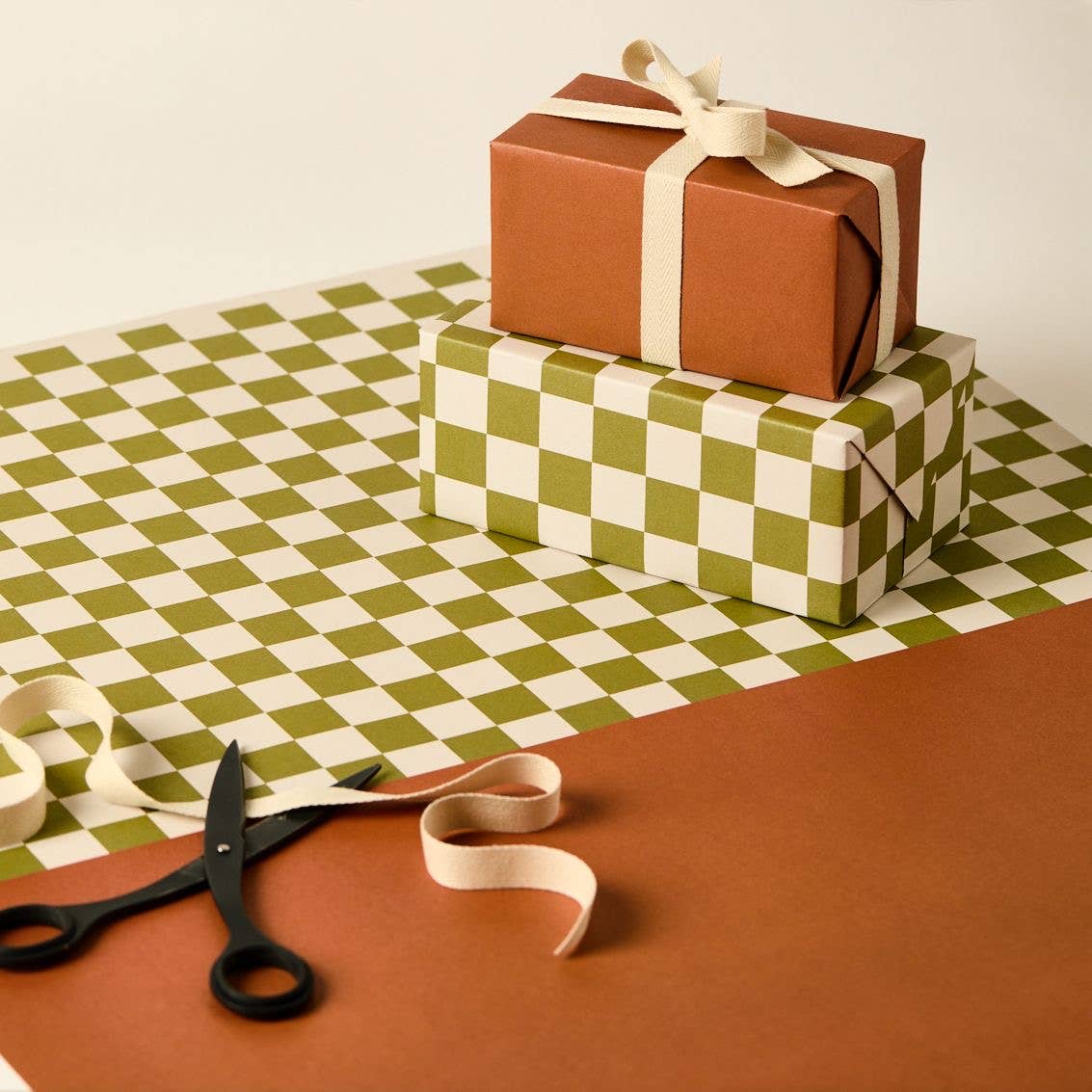 Kinshipped - Green Checkerboard & Cinnamon Plain gift wrapping paper