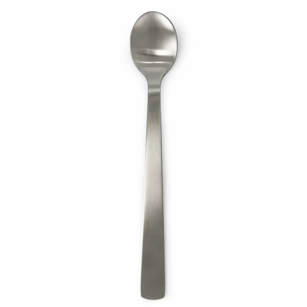 ACME brushed stainless steel long spoon, front view