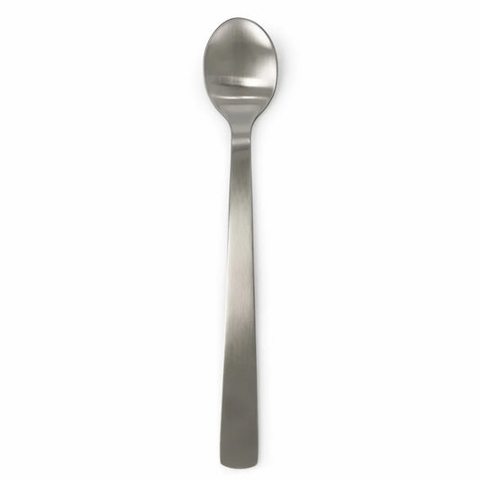 ACME brushed stainless steel long spoon, front view