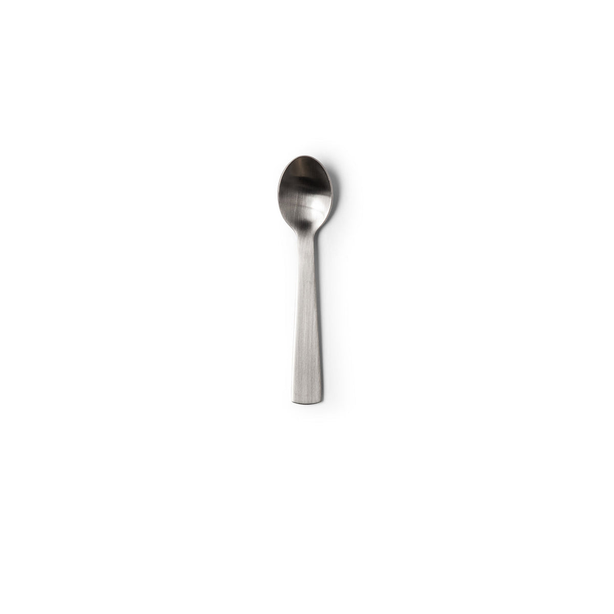 ACME brushed stainless teaspoon, close view of the bowl and handle