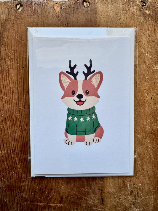 Dandelion Greeting Cards - Corgi in Antlers