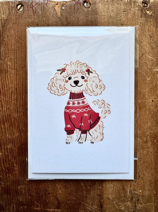 Dandelion Greeting Cards - Fluffy White Dog in Xmas Jumper