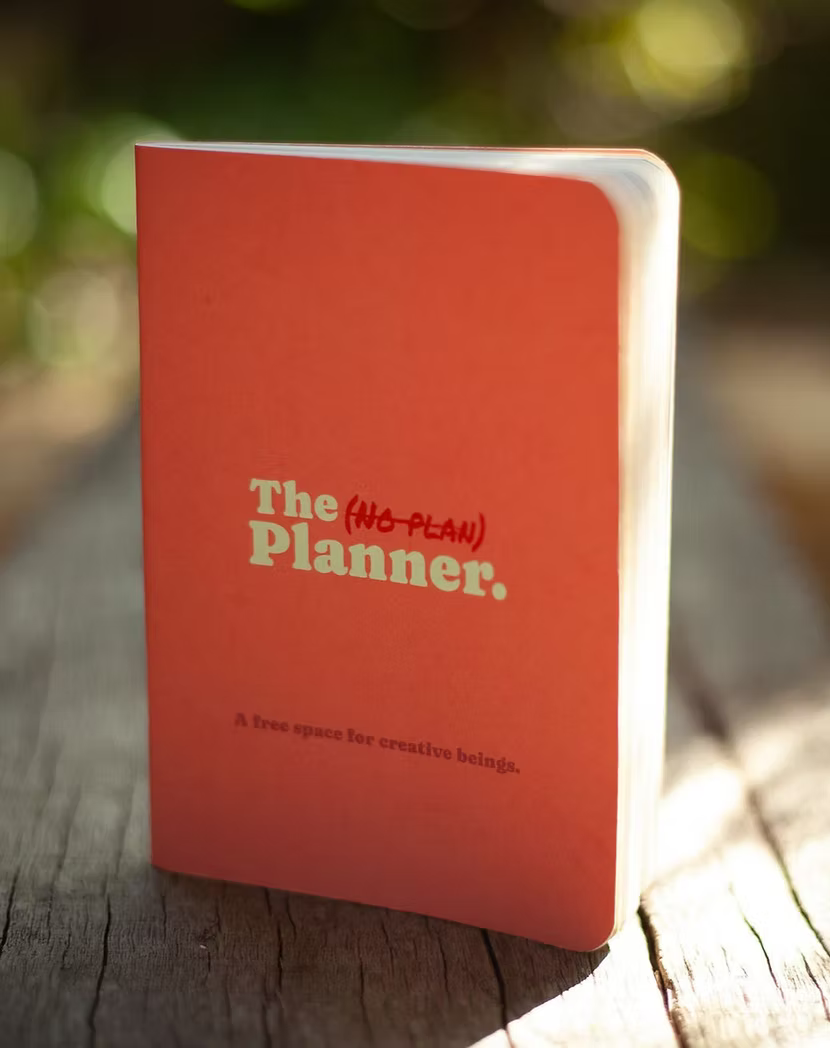 Groovy Papaya coloured mini notebook titled 'The (No-Plan) Planner' on a wooden surface.
