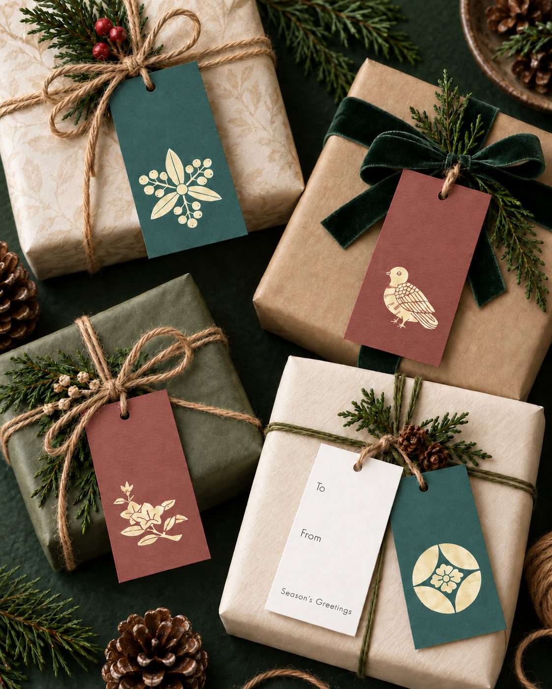Kiku Print Christmas gift tags, four designs